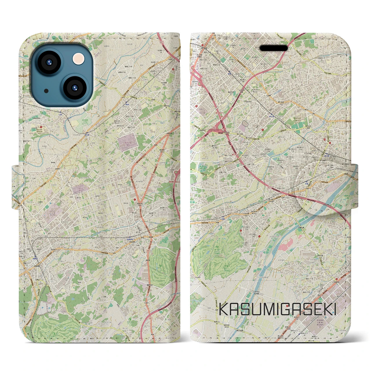 【霞ヶ関(埼玉県)】地図柄iPhoneケース(手帳タイプ)ナチュラル・iPhone 13 用