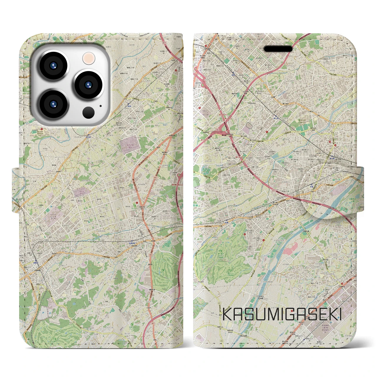【霞ヶ関(埼玉県)】地図柄iPhoneケース(手帳タイプ)ナチュラル・iPhone 13 Pro 用