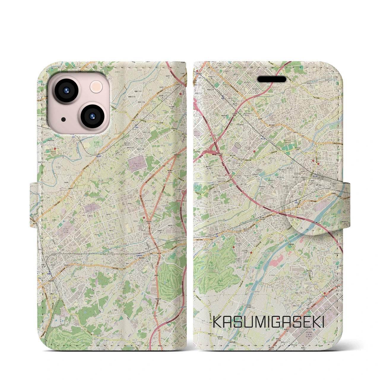 【霞ヶ関(埼玉県)】地図柄iPhoneケース(手帳タイプ)ナチュラル・iPhone 13 mini 用