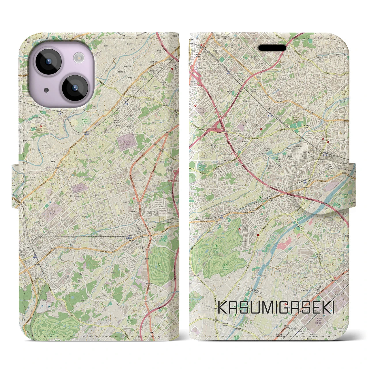 【霞ヶ関(埼玉県)】地図柄iPhoneケース(手帳タイプ)ナチュラル・iPhone 14 用