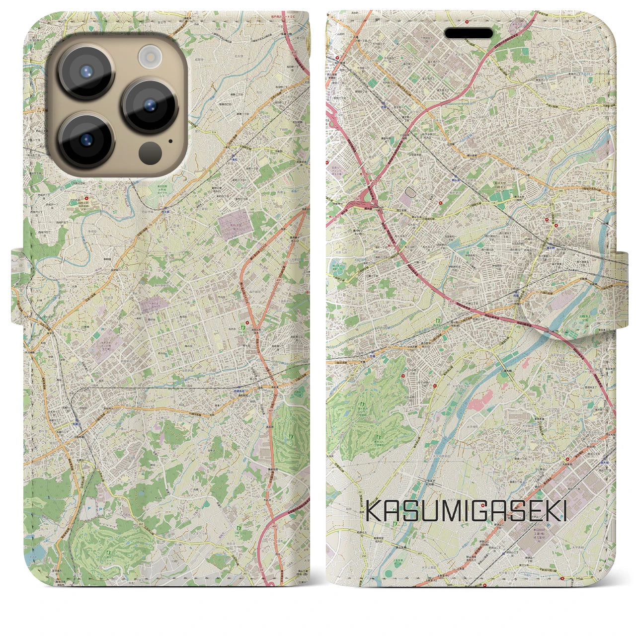 【霞ヶ関(埼玉県)】地図柄iPhoneケース(手帳タイプ)ナチュラル・iPhone 14 Pro Max 用