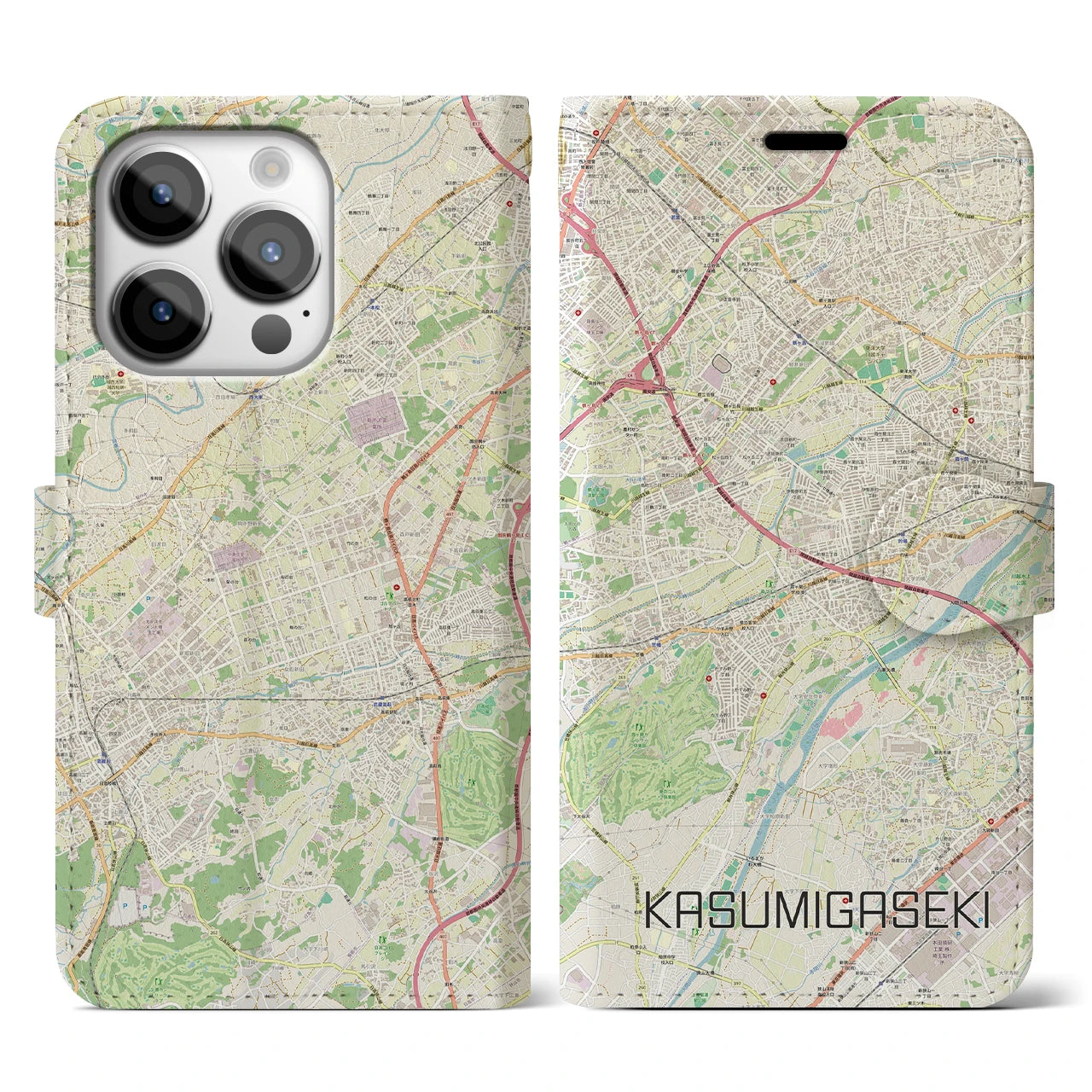 【霞ヶ関(埼玉県)】地図柄iPhoneケース(手帳タイプ)ナチュラル・iPhone 14 Pro 用