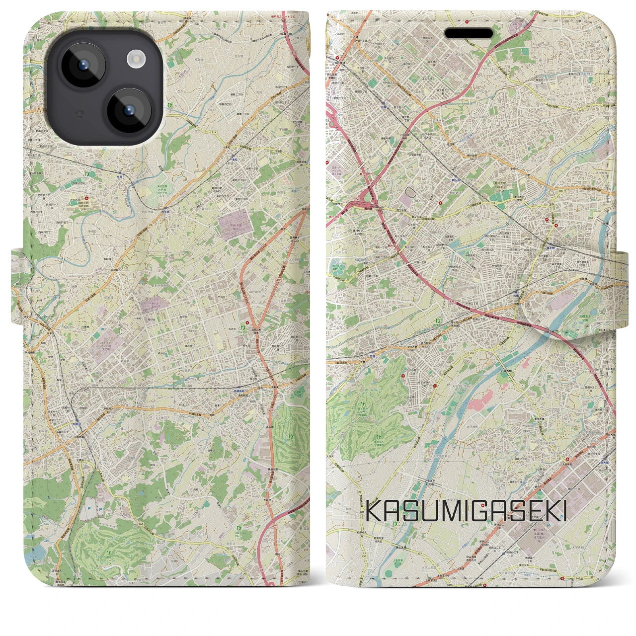 【霞ヶ関(埼玉県)】地図柄iPhoneケース(手帳タイプ)ナチュラル・iPhone 14 Plus 用