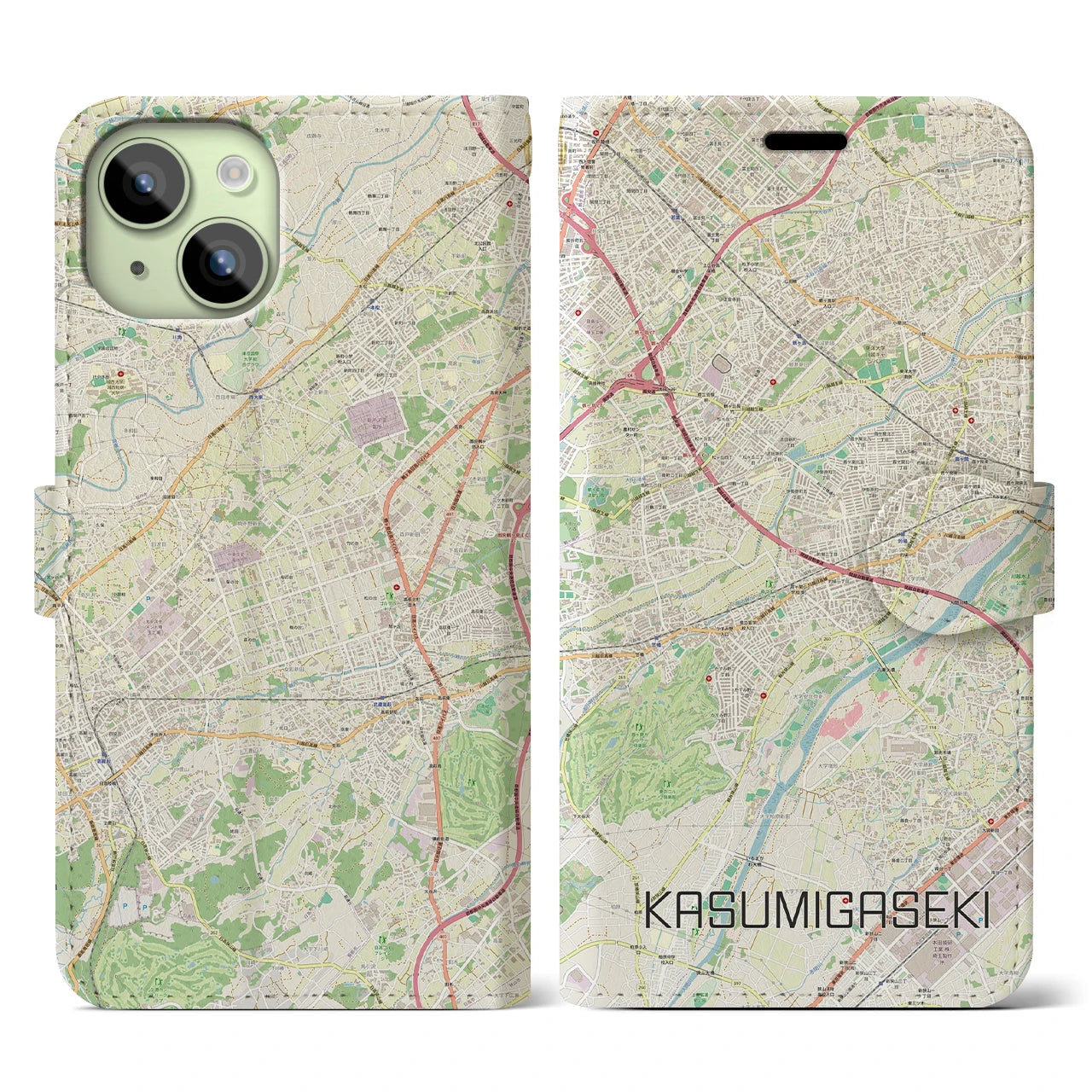 【霞ヶ関(埼玉県)】地図柄iPhoneケース(手帳タイプ)ナチュラル・iPhone 15 用