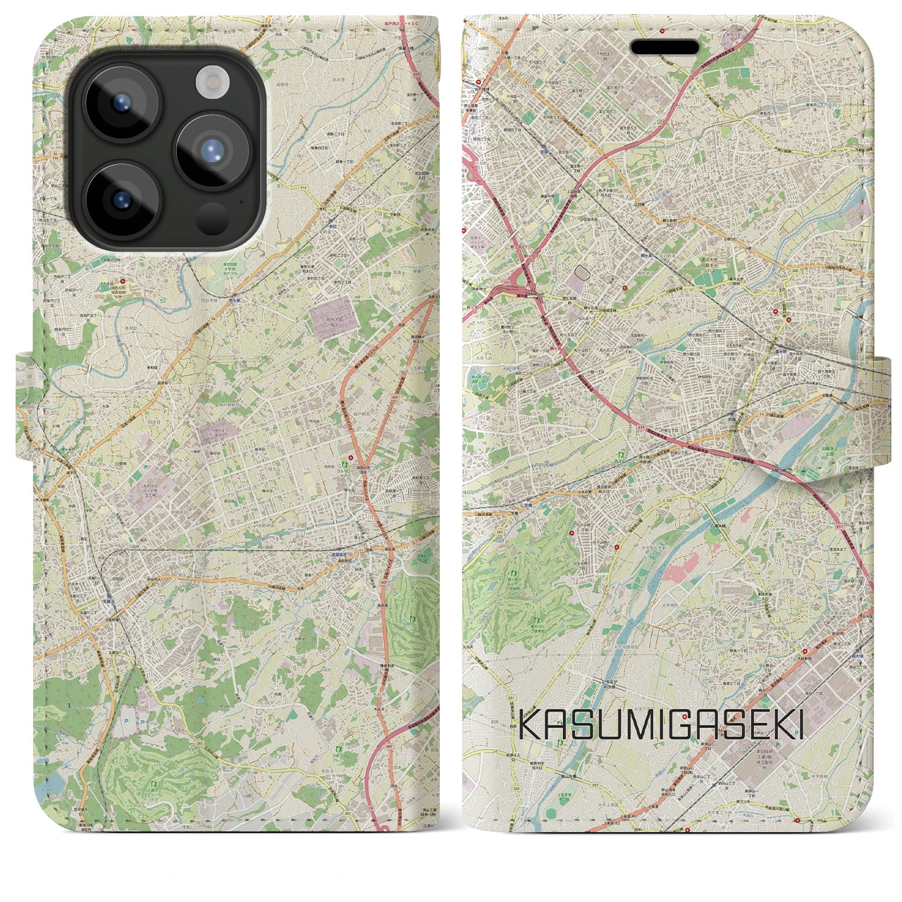 【霞ヶ関(埼玉県)】地図柄iPhoneケース(手帳タイプ)ナチュラル・iPhone 15 Pro Max 用
