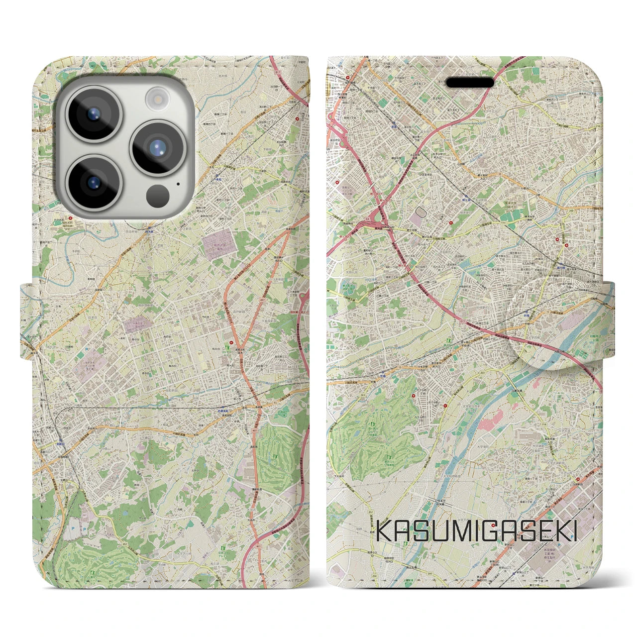 【霞ヶ関(埼玉県)】地図柄iPhoneケース(手帳タイプ)ナチュラル・iPhone 15 Pro 用