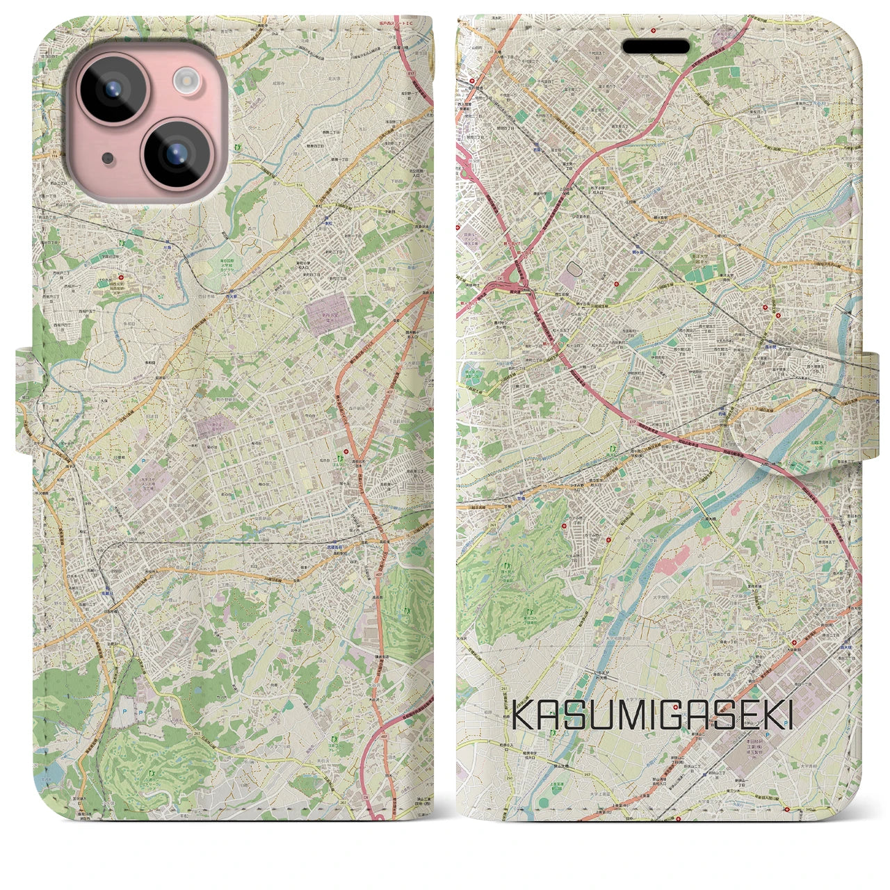 【霞ヶ関(埼玉県)】地図柄iPhoneケース(手帳タイプ)ナチュラル・iPhone 15 Plus 用
