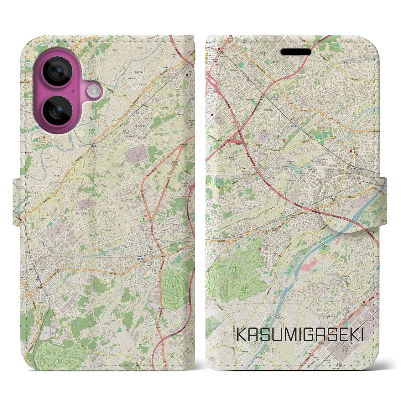 【霞ヶ関(埼玉県)】地図柄iPhoneケース(手帳タイプ)ナチュラル・iPhone 16 Pro 用