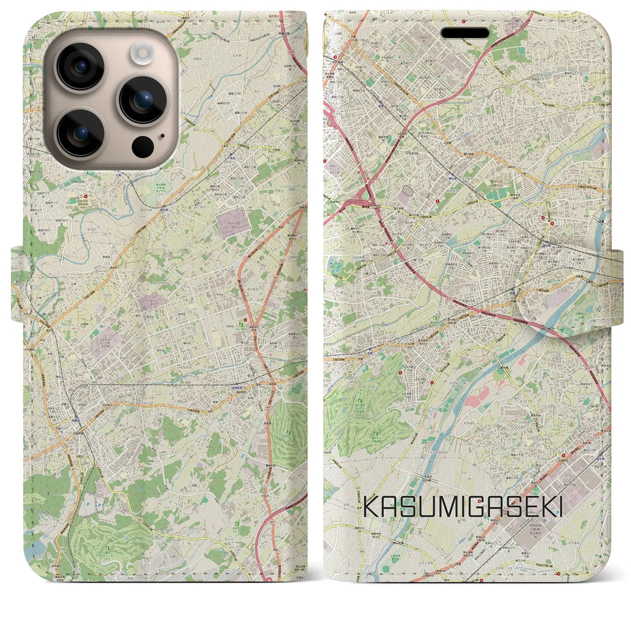【霞ヶ関(埼玉県)】地図柄iPhoneケース(手帳タイプ)ナチュラル・iPhone 16 Plus 用
