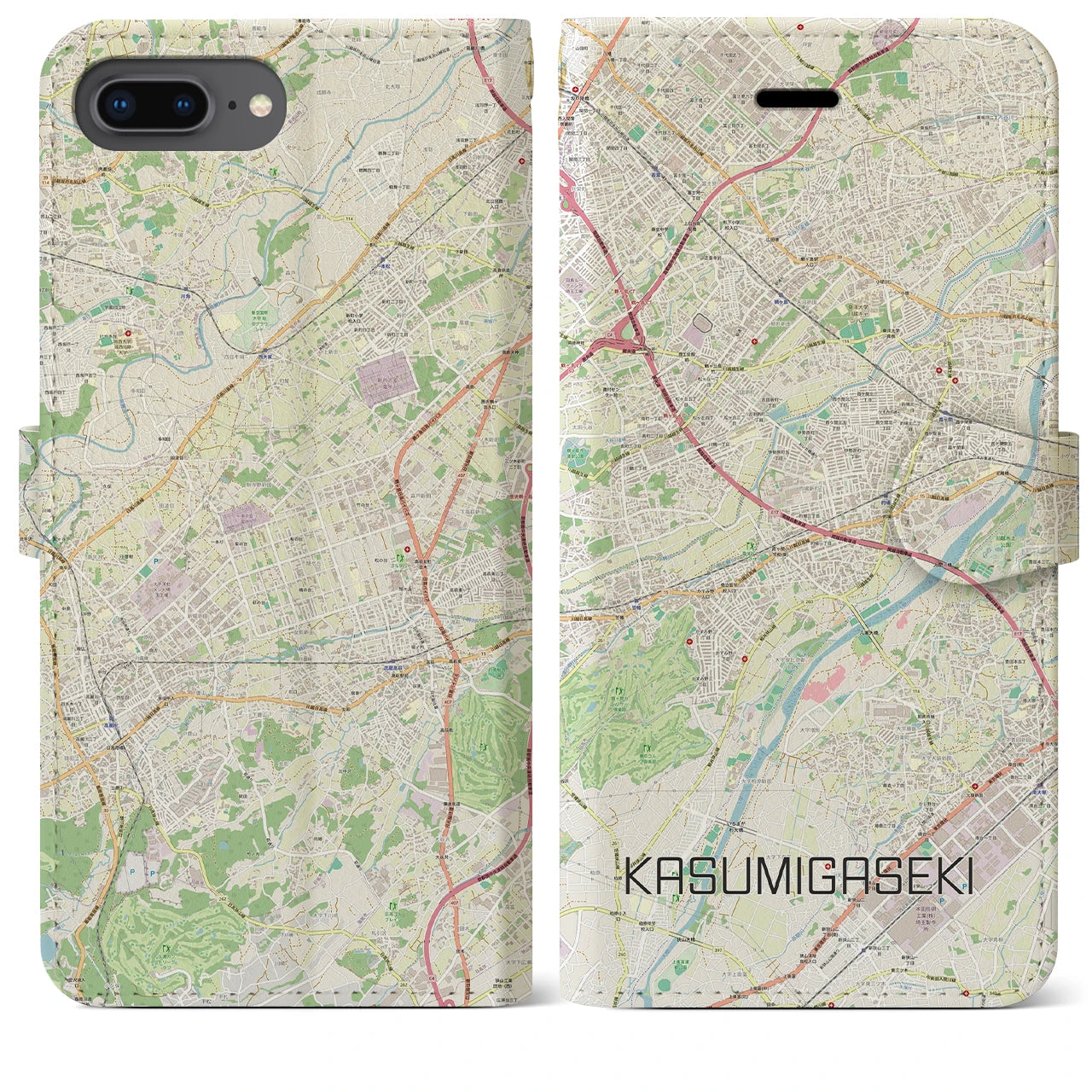【霞ヶ関(埼玉県)】地図柄iPhoneケース(手帳タイプ)ナチュラル・iPhone 8Plus /7Plus / 6sPlus / 6Plus 用
