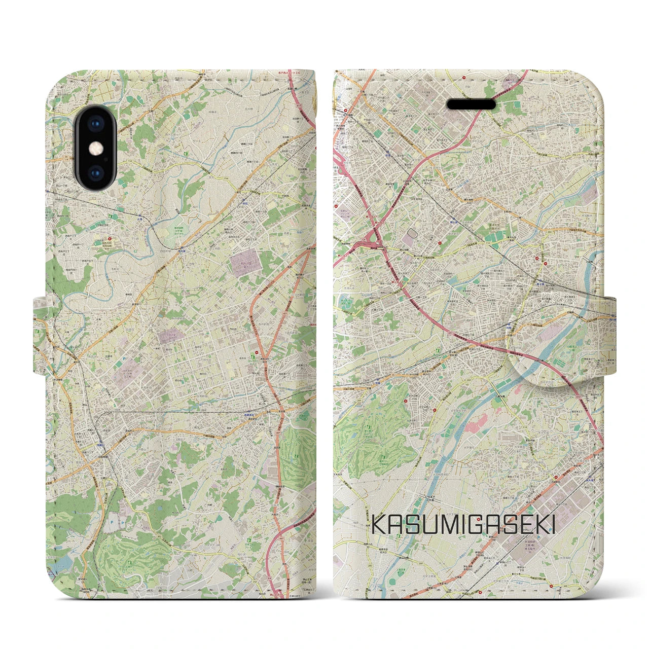 【霞ヶ関(埼玉県)】地図柄iPhoneケース(手帳タイプ)ナチュラル・iPhone XS / X 用