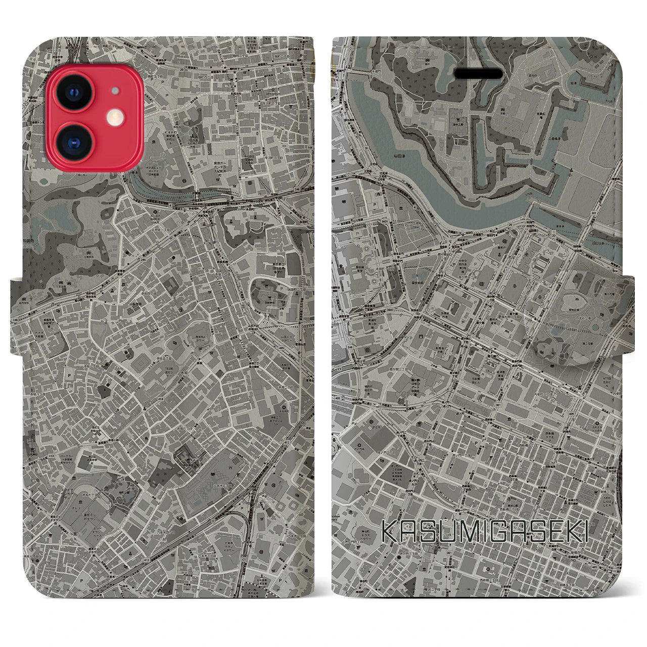 【霞ケ関(東京都)】地図柄iPhoneケース(手帳タイプ)モノトーン・iPhone 11 用
