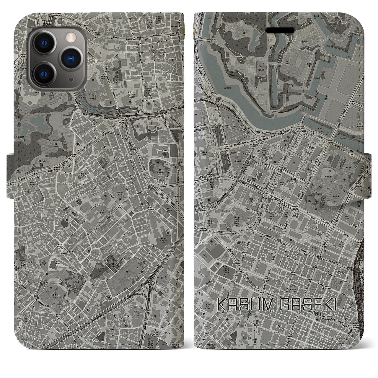 【霞ケ関(東京都)】地図柄iPhoneケース(手帳タイプ)モノトーン・iPhone 11 Pro Max 用
