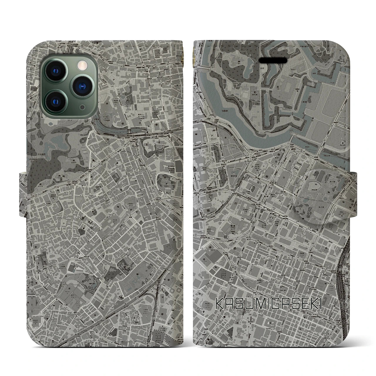 【霞ケ関(東京都)】地図柄iPhoneケース(手帳タイプ)モノトーン・iPhone 11 Pro 用