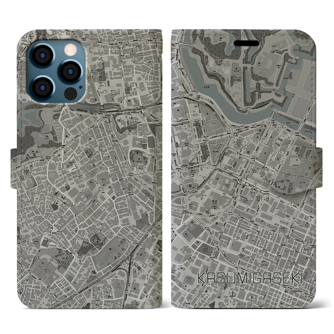 【霞ケ関(東京都)】地図柄iPhoneケース(手帳タイプ)モノトーン・iPhone 12 / 12 Pro 用