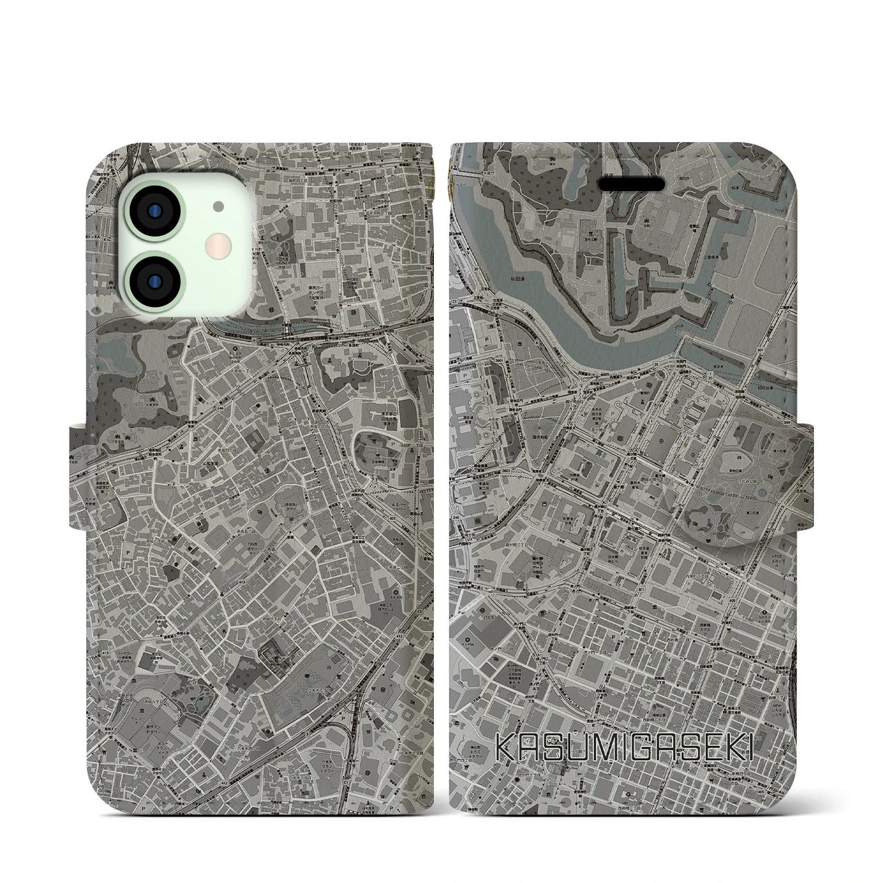 【霞ケ関(東京都)】地図柄iPhoneケース(手帳タイプ)モノトーン・iPhone 12 mini 用