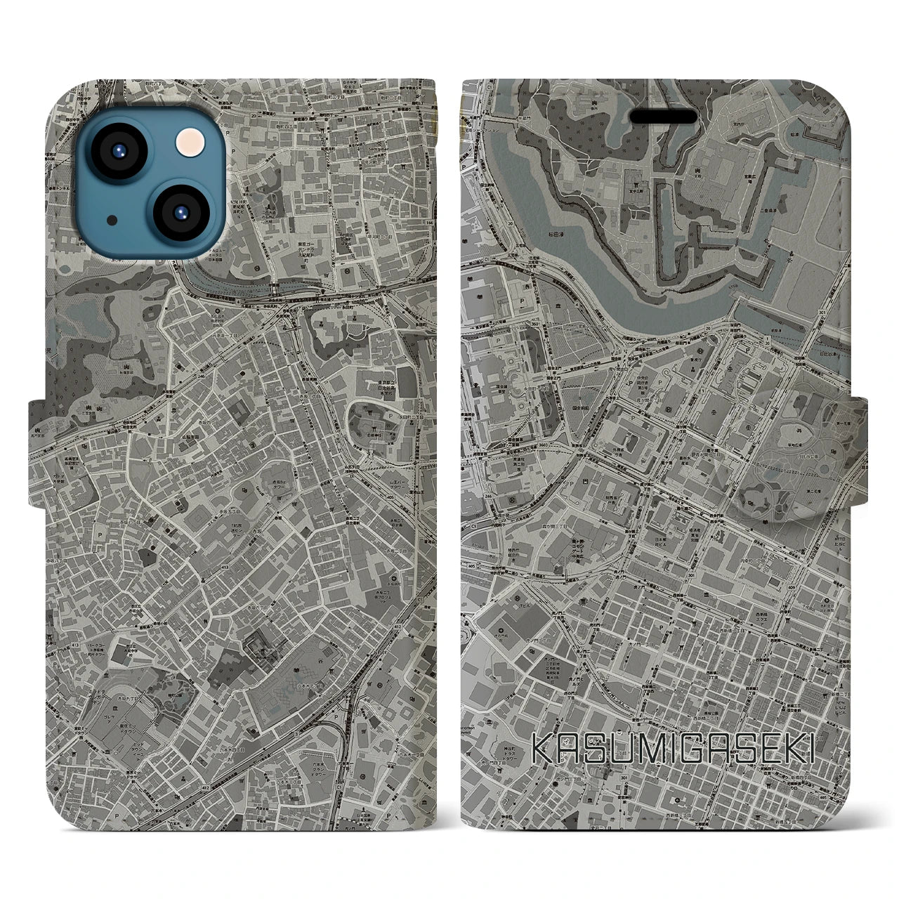 【霞ケ関(東京都)】地図柄iPhoneケース(手帳タイプ)モノトーン・iPhone 13 用