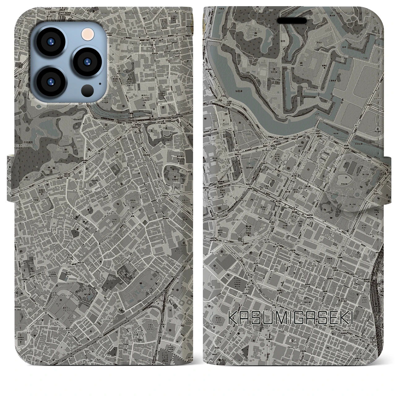 【霞ケ関(東京都)】地図柄iPhoneケース(手帳タイプ)モノトーン・iPhone 13 Pro Max 用