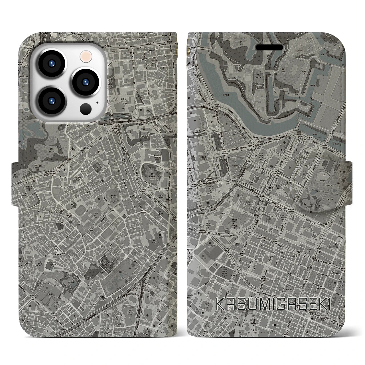 【霞ケ関(東京都)】地図柄iPhoneケース(手帳タイプ)モノトーン・iPhone 13 Pro 用