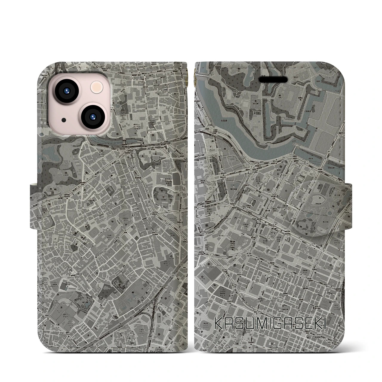 【霞ケ関(東京都)】地図柄iPhoneケース(手帳タイプ)モノトーン・iPhone 13 mini 用