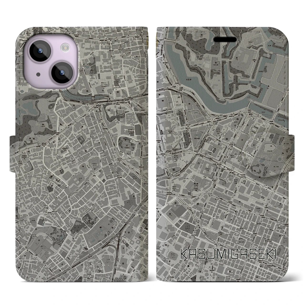 【霞ケ関(東京都)】地図柄iPhoneケース(手帳タイプ)モノトーン・iPhone 14 用
