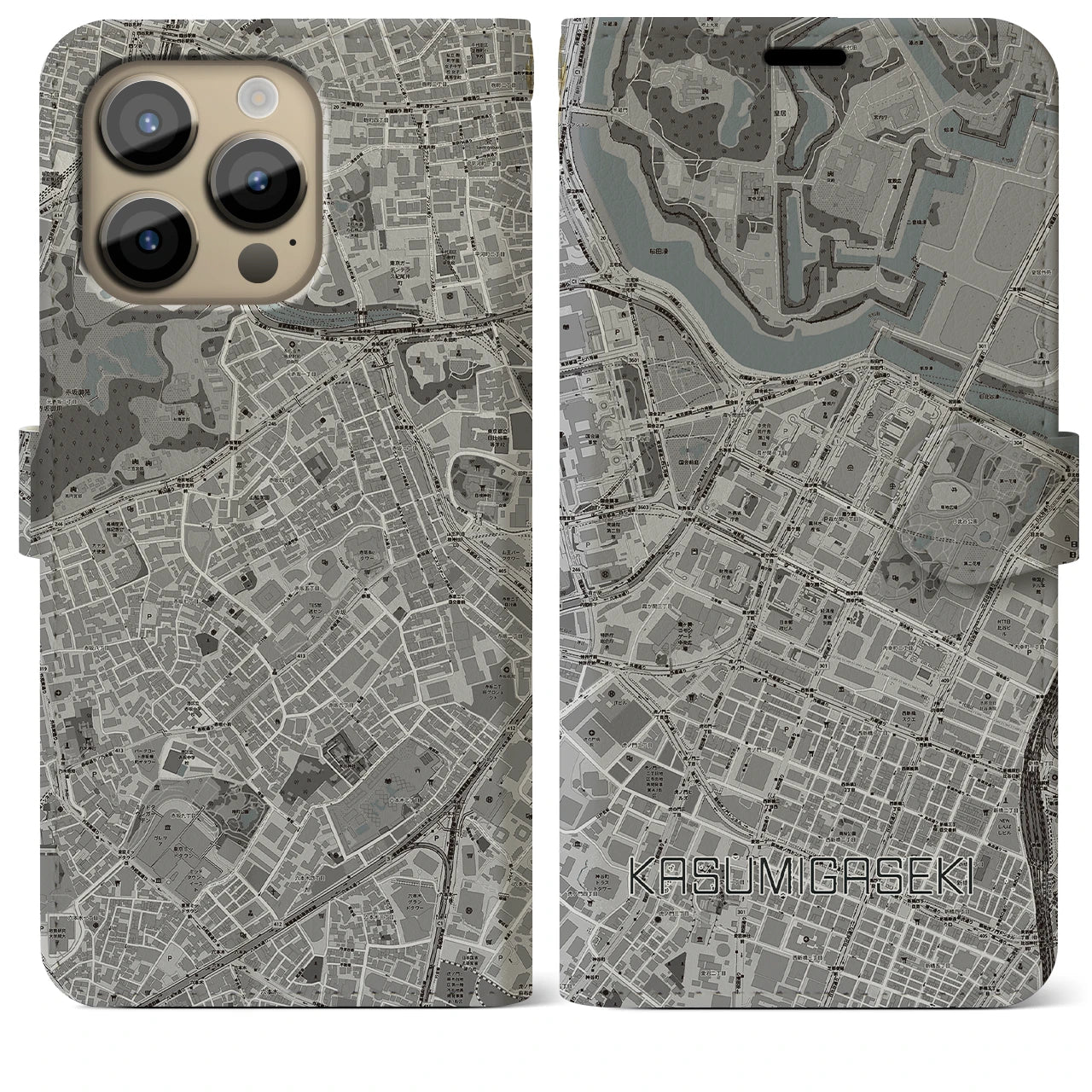 【霞ケ関(東京都)】地図柄iPhoneケース(手帳タイプ)モノトーン・iPhone 14 Pro Max 用