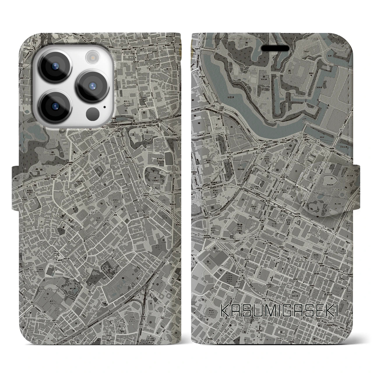 【霞ケ関(東京都)】地図柄iPhoneケース(手帳タイプ)モノトーン・iPhone 14 Pro 用