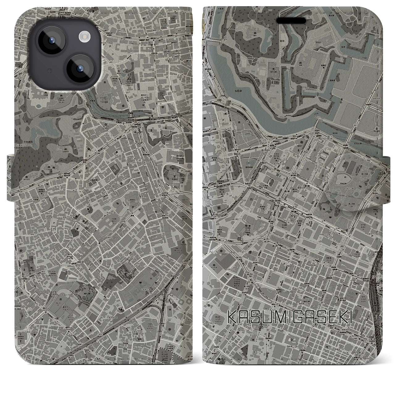 【霞ケ関(東京都)】地図柄iPhoneケース(手帳タイプ)モノトーン・iPhone 14 Plus 用