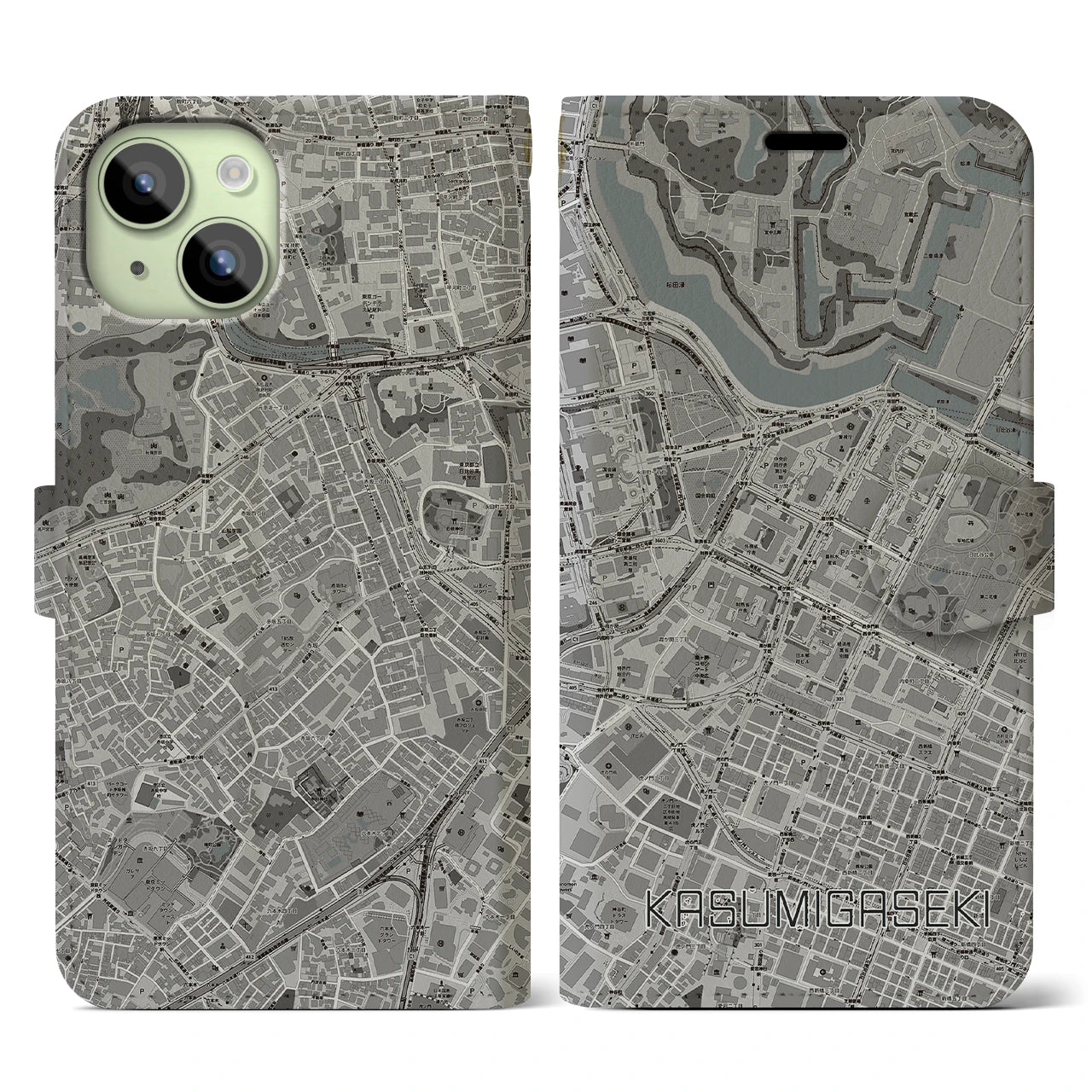 【霞ケ関(東京都)】地図柄iPhoneケース(手帳タイプ)モノトーン・iPhone 15 用