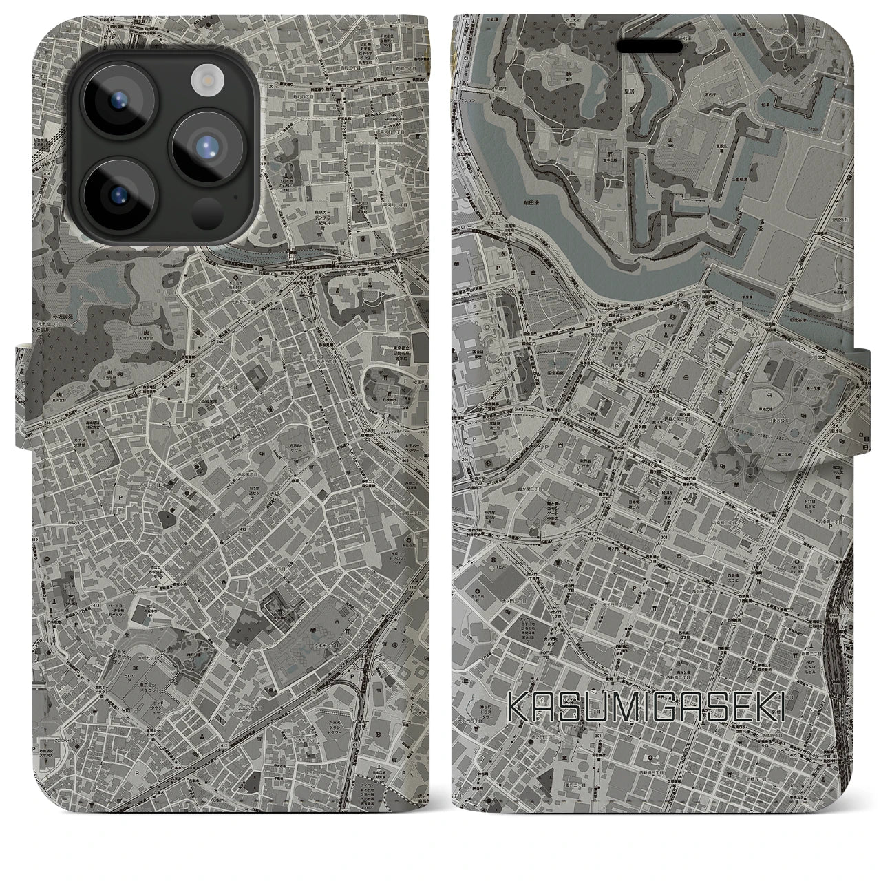 【霞ケ関(東京都)】地図柄iPhoneケース(手帳タイプ)モノトーン・iPhone 15 Pro Max 用
