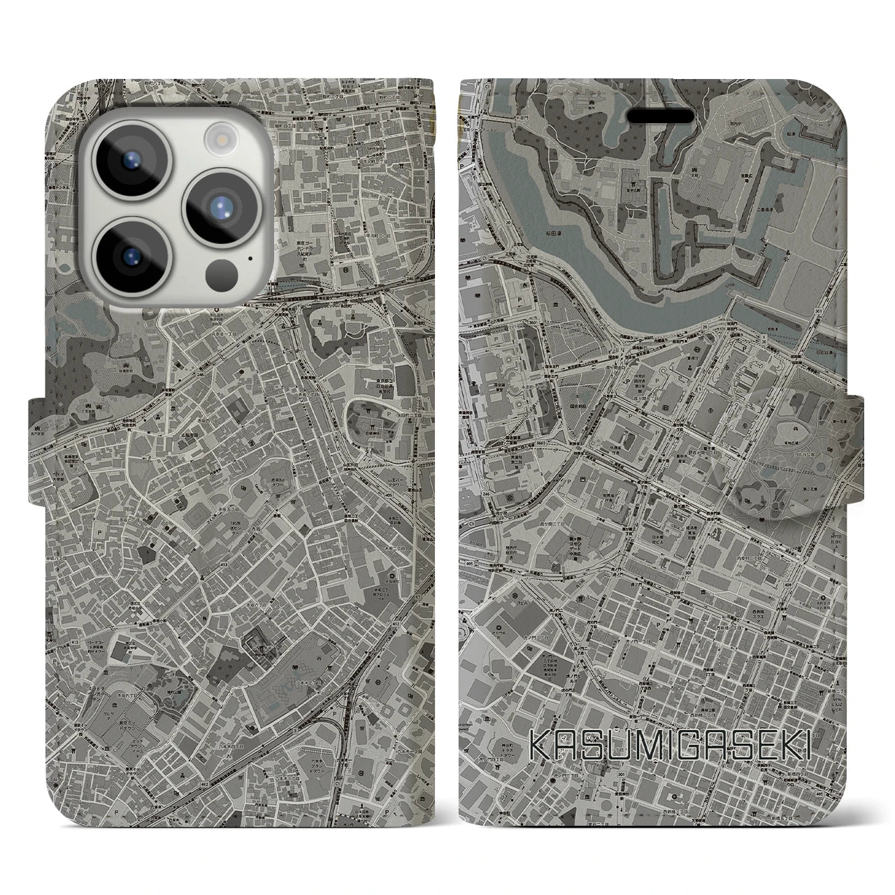 【霞ケ関(東京都)】地図柄iPhoneケース(手帳タイプ)モノトーン・iPhone 15 Pro 用