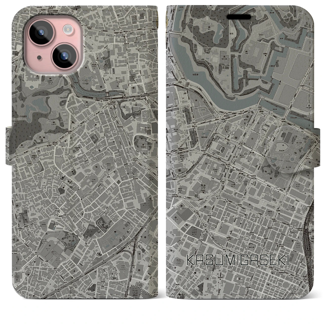 【霞ケ関(東京都)】地図柄iPhoneケース(手帳タイプ)モノトーン・iPhone 15 Plus 用