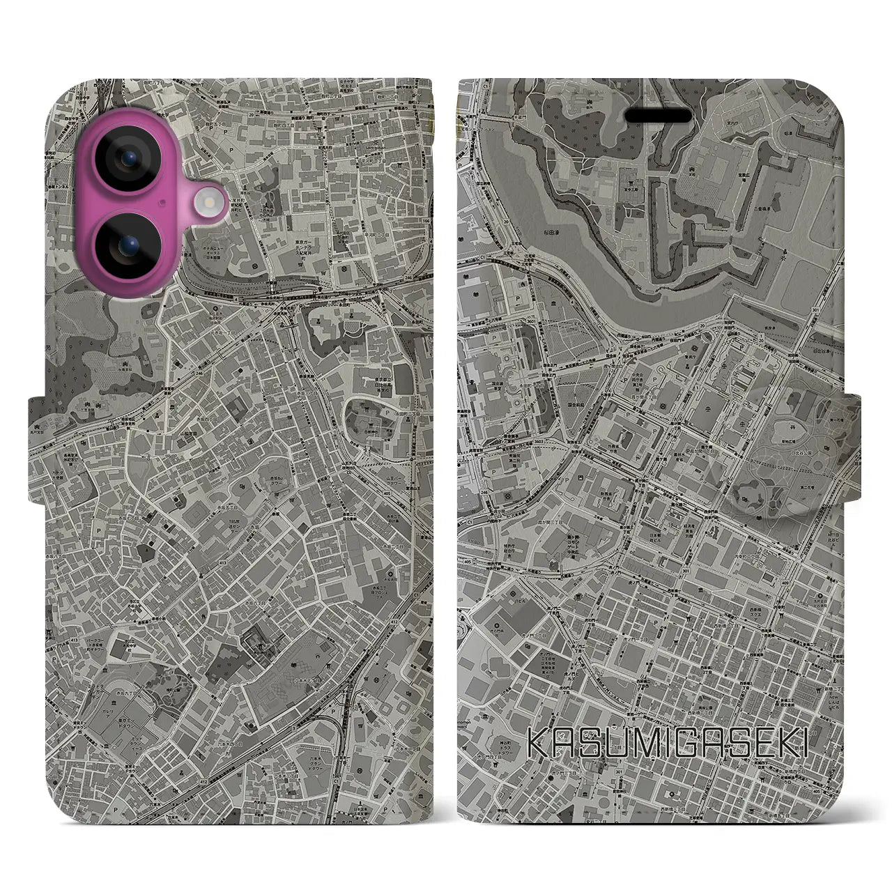 【霞ケ関(東京都)】地図柄iPhoneケース(手帳タイプ)モノトーン・iPhone 16 Pro 用