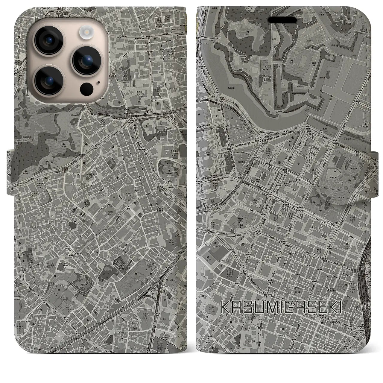 【霞ケ関(東京都)】地図柄iPhoneケース(手帳タイプ)モノトーン・iPhone 16 Plus 用