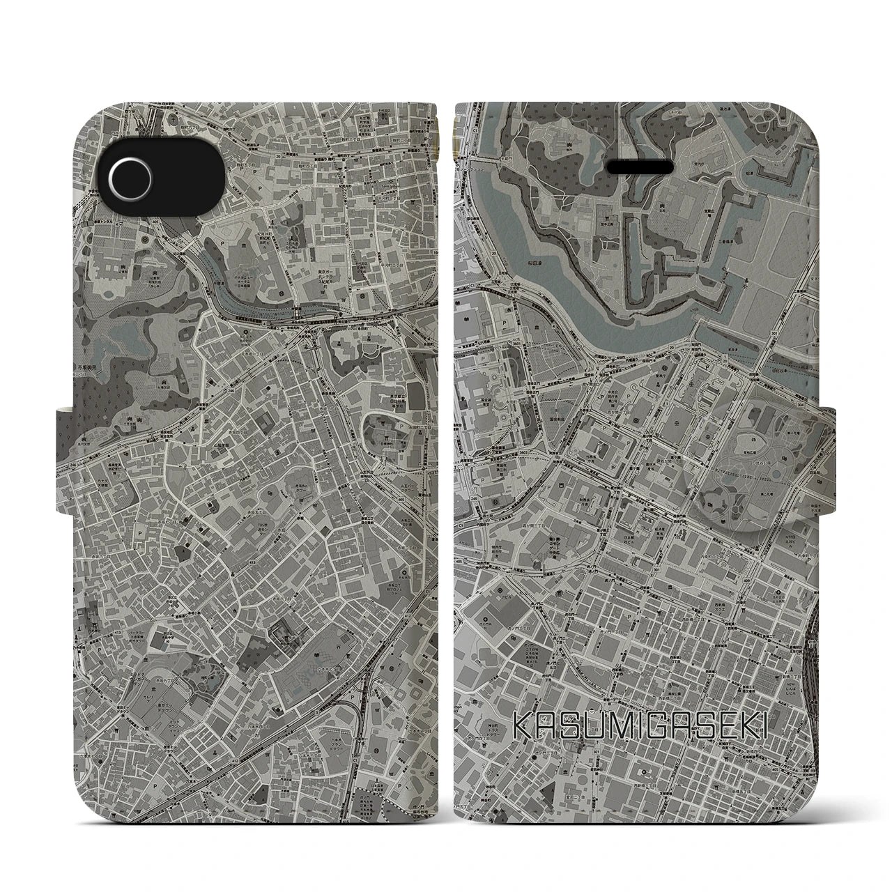 【霞ケ関(東京都)】地図柄iPhoneケース(手帳タイプ)モノトーン・iPhone SE(第3 / 第2世代) / 8 / 7 / 6s / 6 用