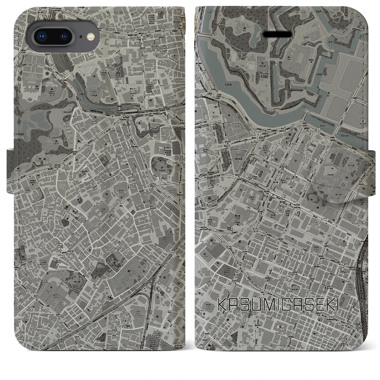 【霞ケ関(東京都)】地図柄iPhoneケース(手帳タイプ)モノトーン・iPhone 8Plus /7Plus / 6sPlus / 6Plus 用