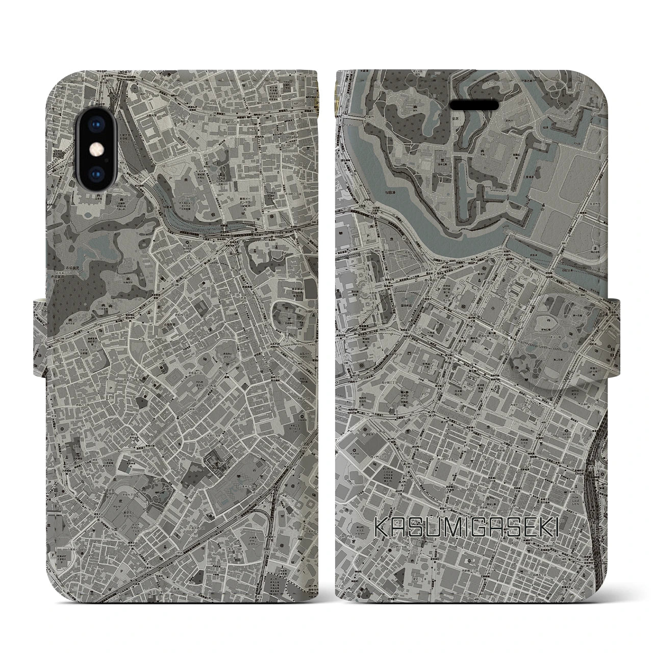 【霞ケ関(東京都)】地図柄iPhoneケース(手帳タイプ)モノトーン・iPhone XS / X 用