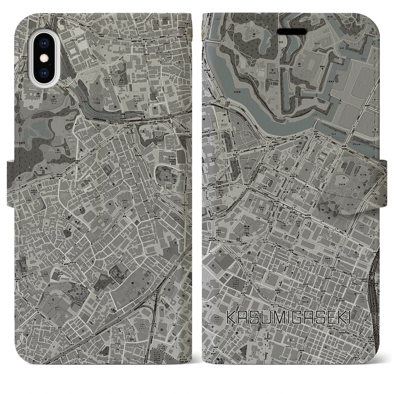 【霞ケ関(東京都)】地図柄iPhoneケース(手帳タイプ)モノトーン・iPhone XS Max 用