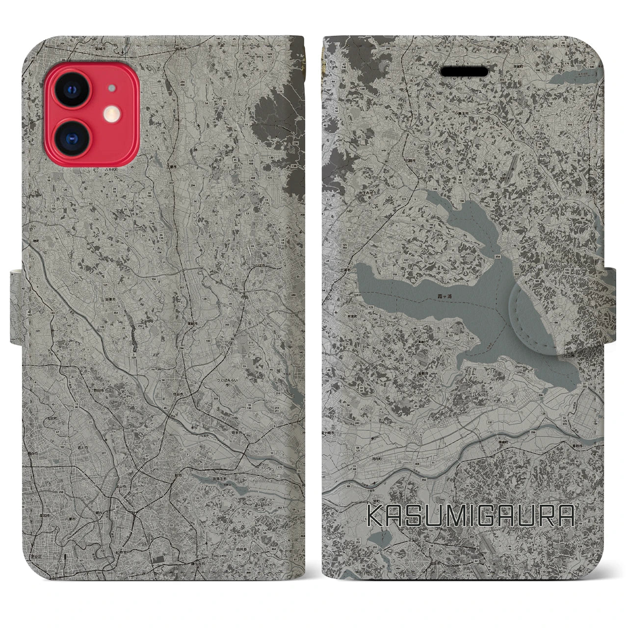 【霞ヶ浦(茨城県)】地図柄iPhoneケース(手帳タイプ)モノトーン・iPhone 11 用