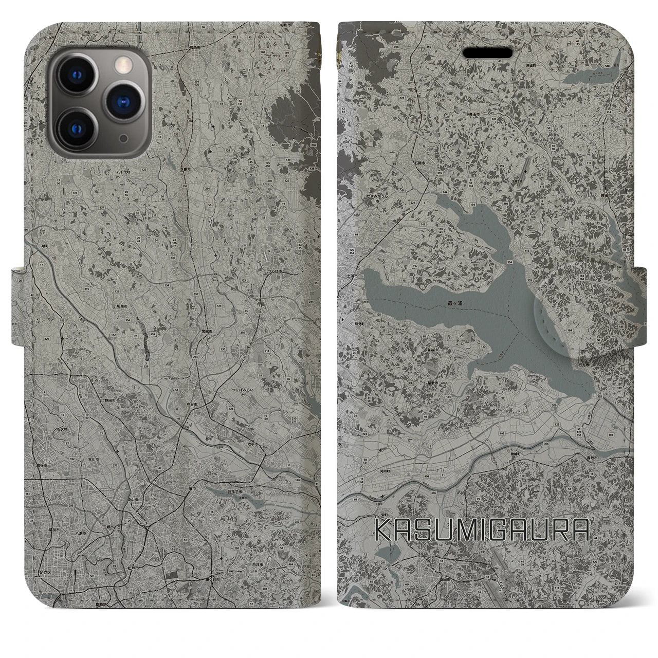 【霞ヶ浦(茨城県)】地図柄iPhoneケース(手帳タイプ)モノトーン・iPhone 11 Pro Max 用