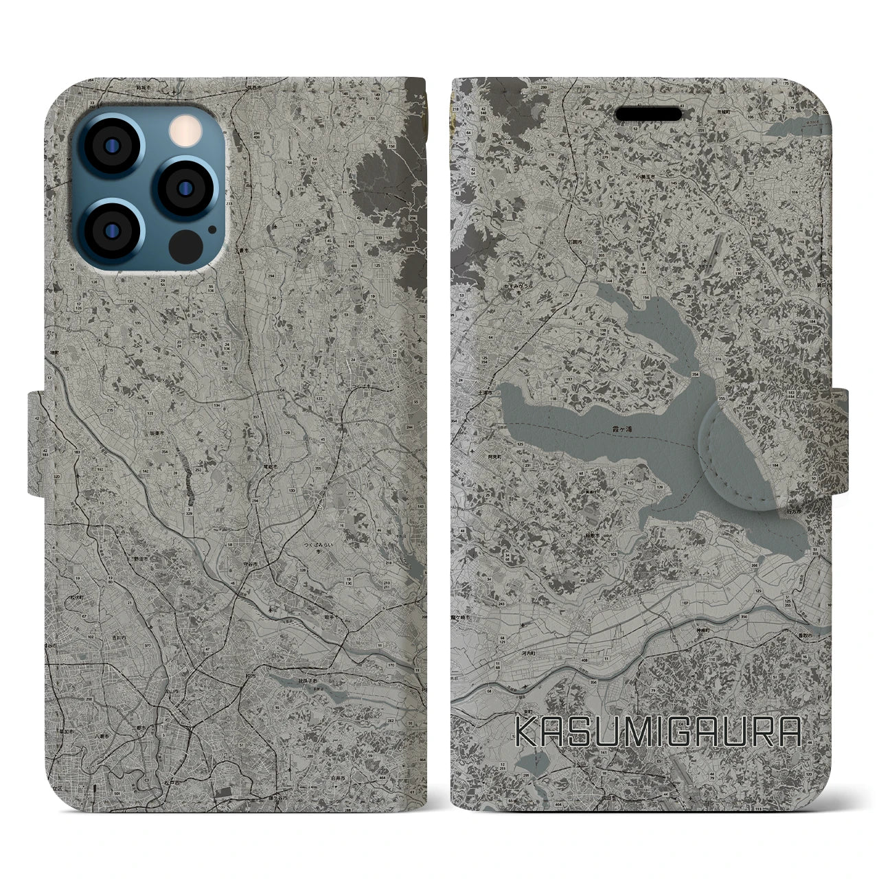 【霞ヶ浦(茨城県)】地図柄iPhoneケース(手帳タイプ)モノトーン・iPhone 12 / 12 Pro 用