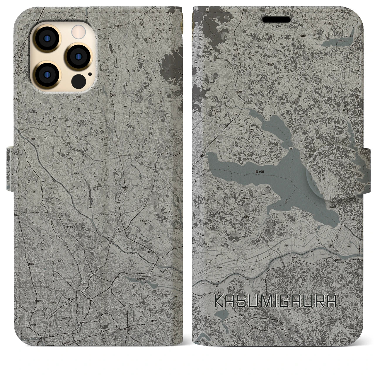 【霞ヶ浦(茨城県)】地図柄iPhoneケース(手帳タイプ)モノトーン・iPhone 12 Pro Max 用