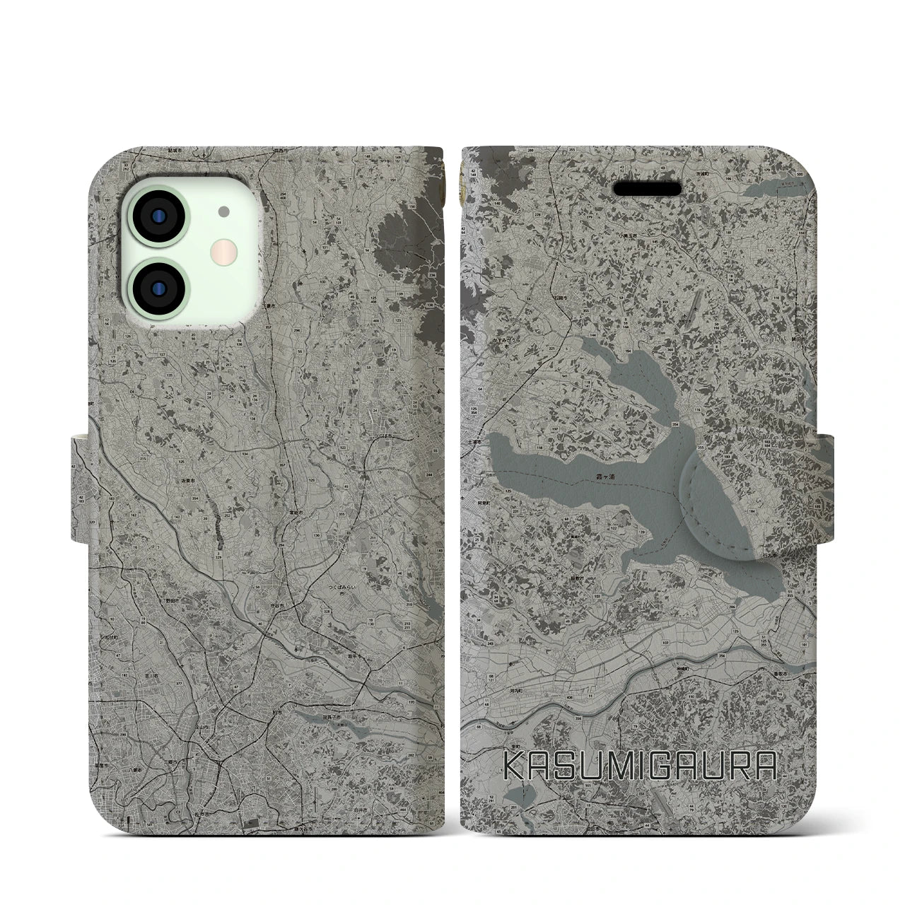 【霞ヶ浦(茨城県)】地図柄iPhoneケース(手帳タイプ)モノトーン・iPhone 12 mini 用