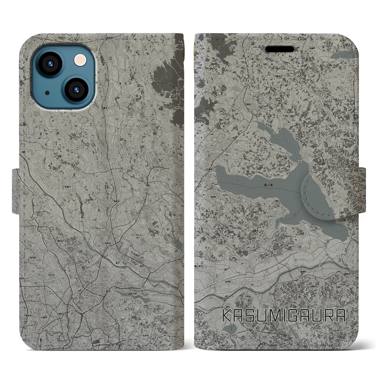 【霞ヶ浦(茨城県)】地図柄iPhoneケース(手帳タイプ)モノトーン・iPhone 13 用