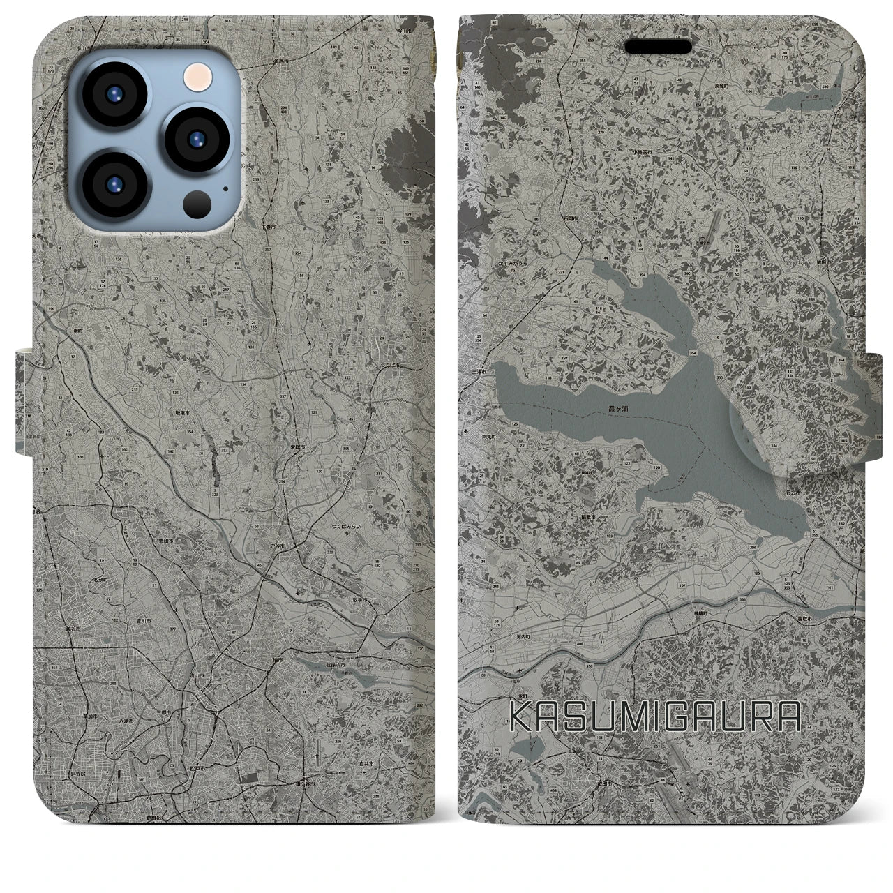 【霞ヶ浦(茨城県)】地図柄iPhoneケース(手帳タイプ)モノトーン・iPhone 13 Pro Max 用