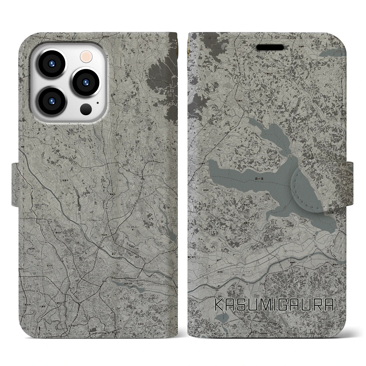 【霞ヶ浦(茨城県)】地図柄iPhoneケース(手帳タイプ)モノトーン・iPhone 13 Pro 用