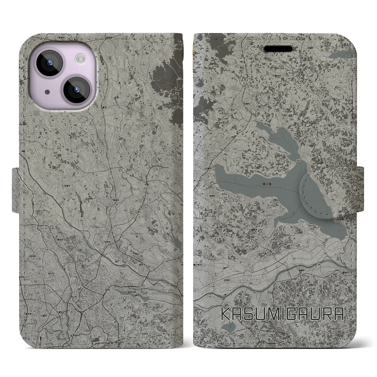 【霞ヶ浦(茨城県)】地図柄iPhoneケース(手帳タイプ)モノトーン・iPhone 14 用