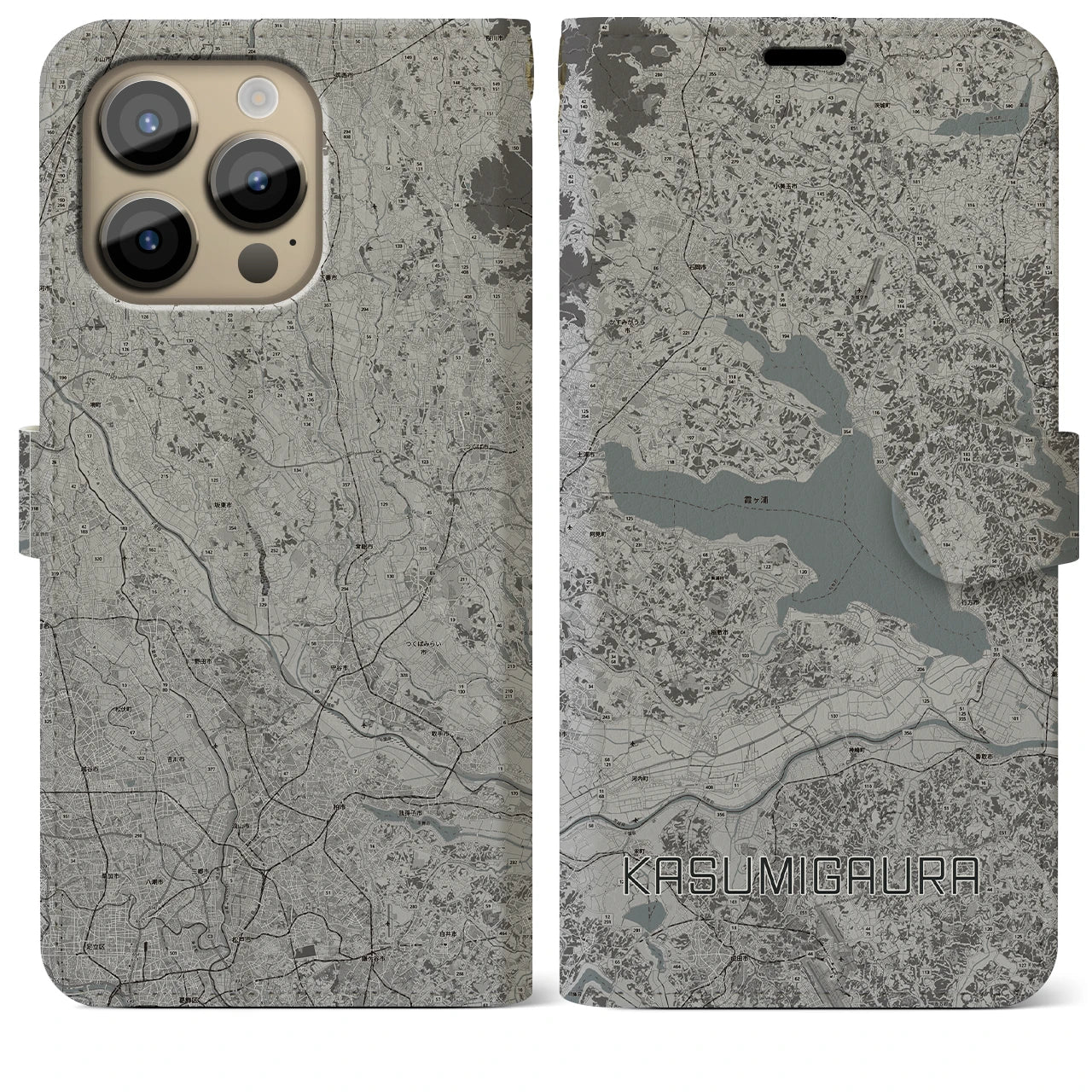 【霞ヶ浦(茨城県)】地図柄iPhoneケース(手帳タイプ)モノトーン・iPhone 14 Pro Max 用