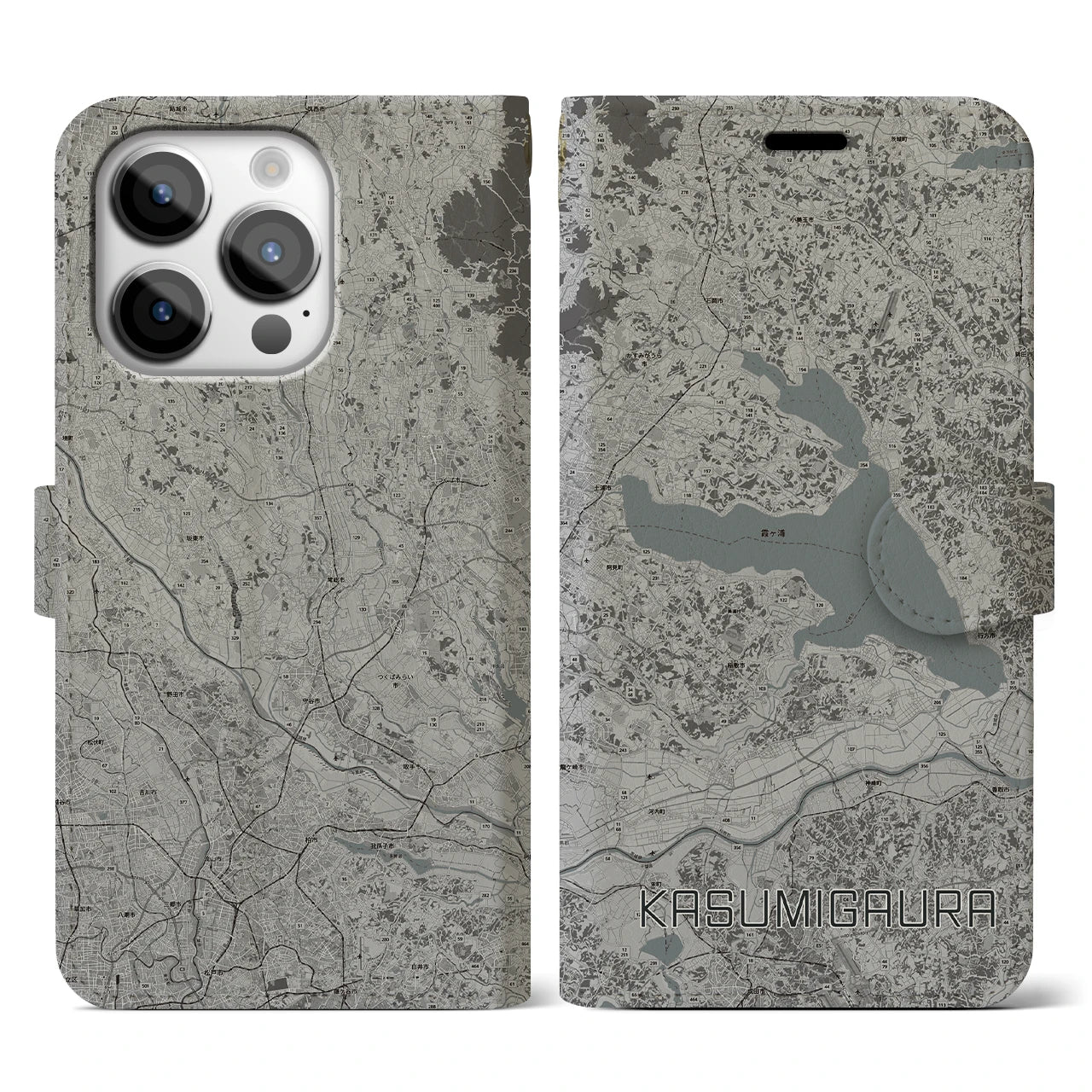 【霞ヶ浦(茨城県)】地図柄iPhoneケース(手帳タイプ)モノトーン・iPhone 14 Pro 用
