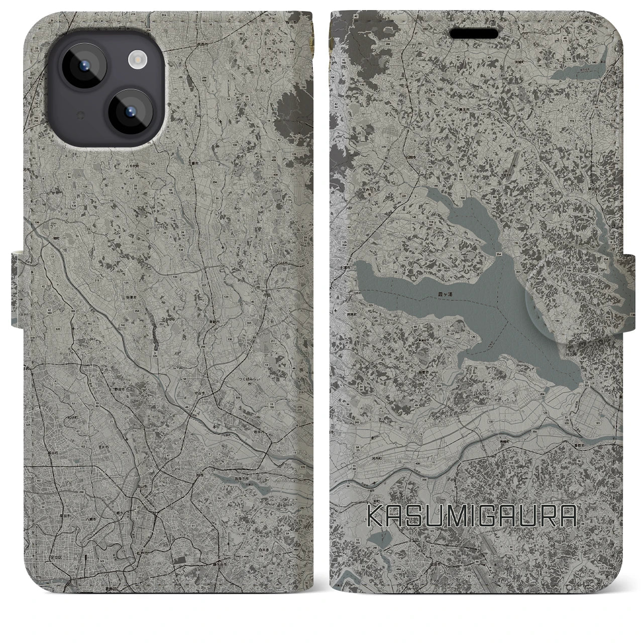 【霞ヶ浦(茨城県)】地図柄iPhoneケース(手帳タイプ)モノトーン・iPhone 14 Plus 用